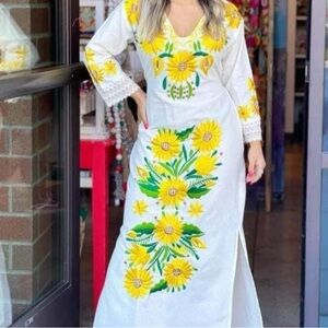 Floral Embroidered White and Yellow Dress